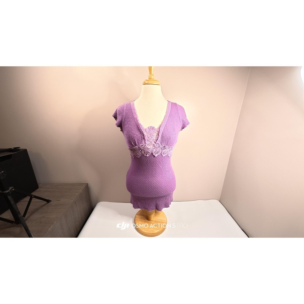 Ann Ferriday Purple Lace Trim Textured Knit Short Sleeve Top Style 1707 NWT